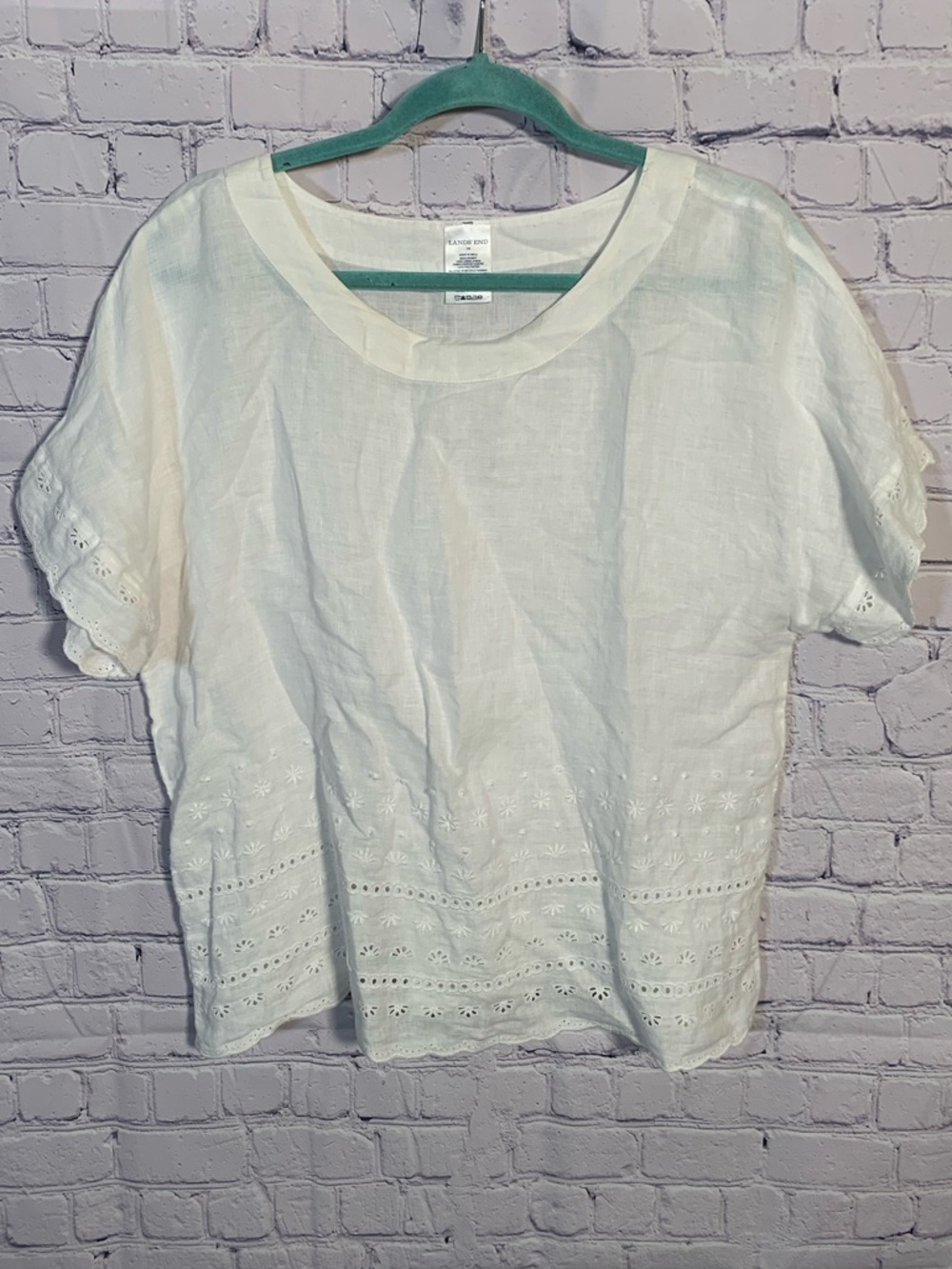 Lands' End Womens Short Sleeve Eyelet Linen Top White Size 14 Summer Beach Boho